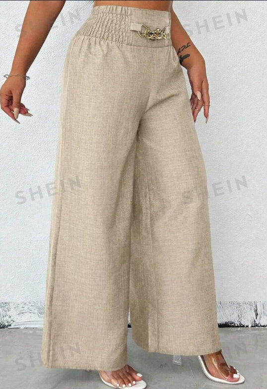 Women's Loose Wide Leg Blue Pants With Metal Chain Decoration For Summer